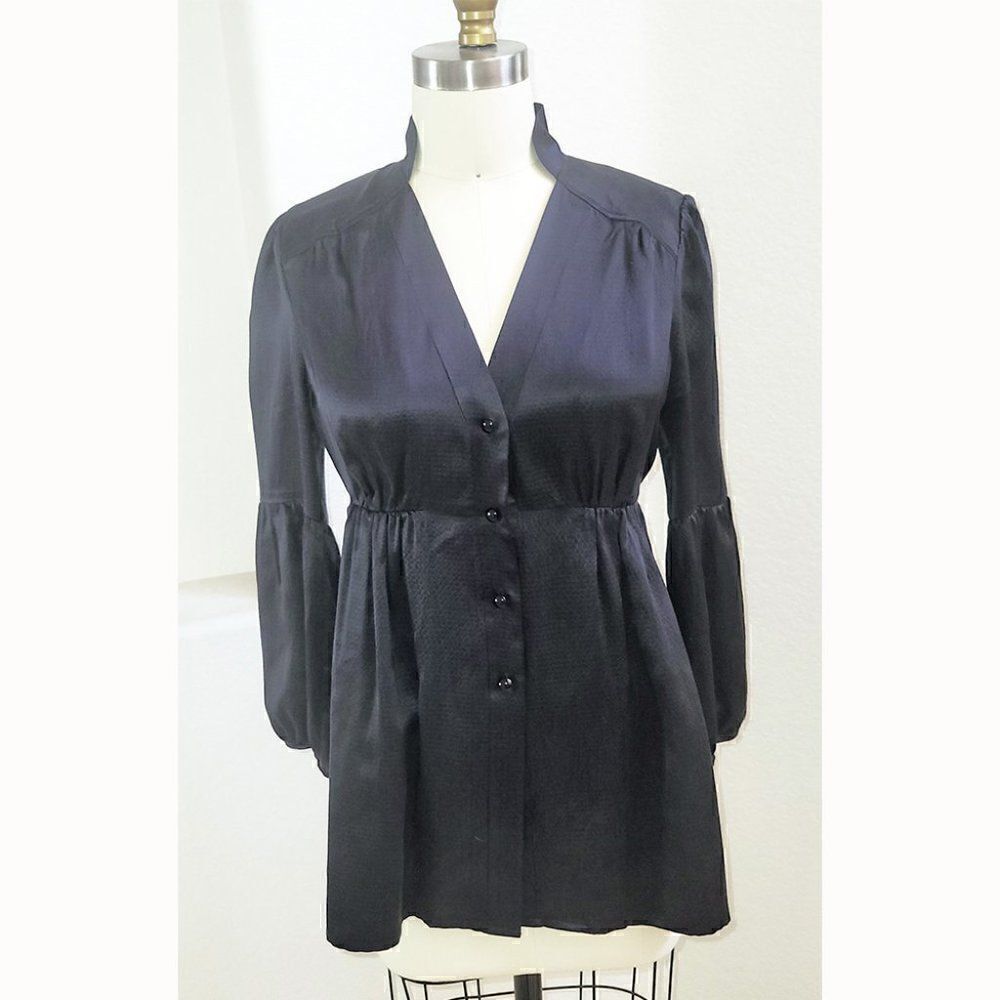Black 100% silk pea coat style puff sleeves top